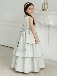 Flower Girl Dress with Tiered Satin Skirt Large Back Bow and Open Back for Weddings Formal Events and Special Occasions