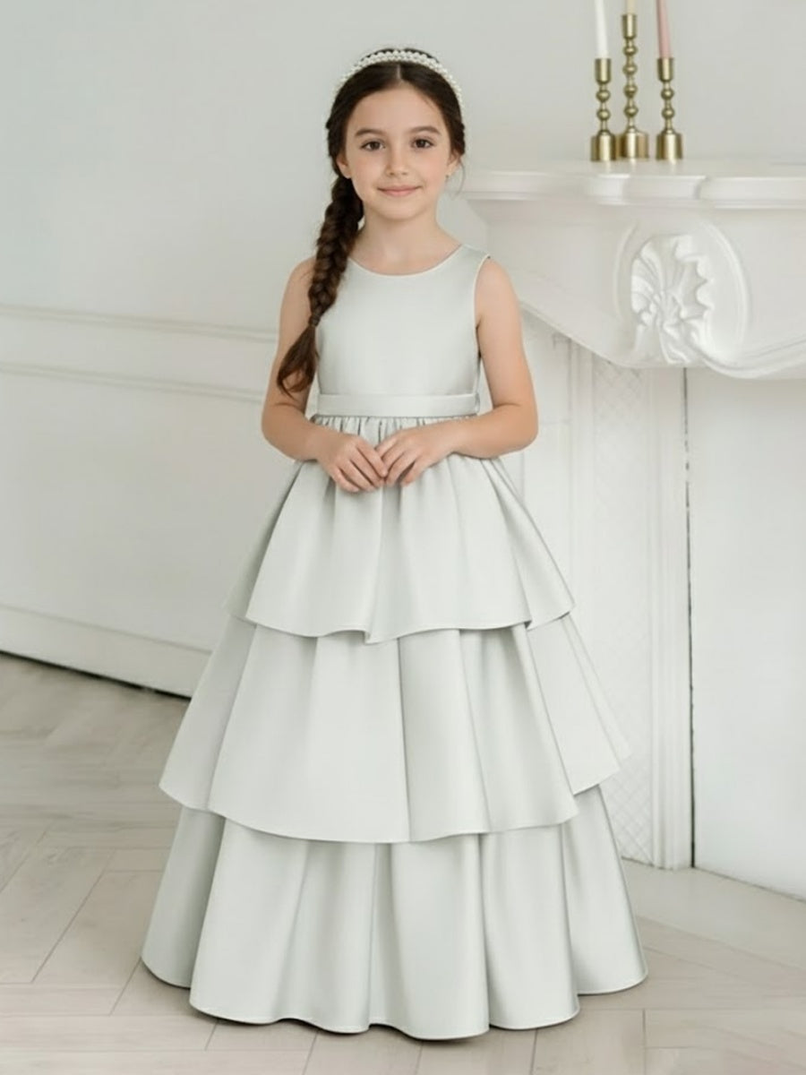 Flower Girl Dress with Tiered Satin Skirt Large Back Bow and Open Back for Weddings Formal Events and Special Occasions