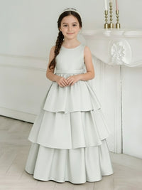 Flower Girl Dress with Tiered Satin Skirt Large Back Bow and Open Back for Weddings Formal Events and Special Occasions
