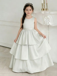 Flower Girl Dress with Tiered Satin Skirt Large Back Bow and Open Back for Weddings Formal Events and Special Occasions