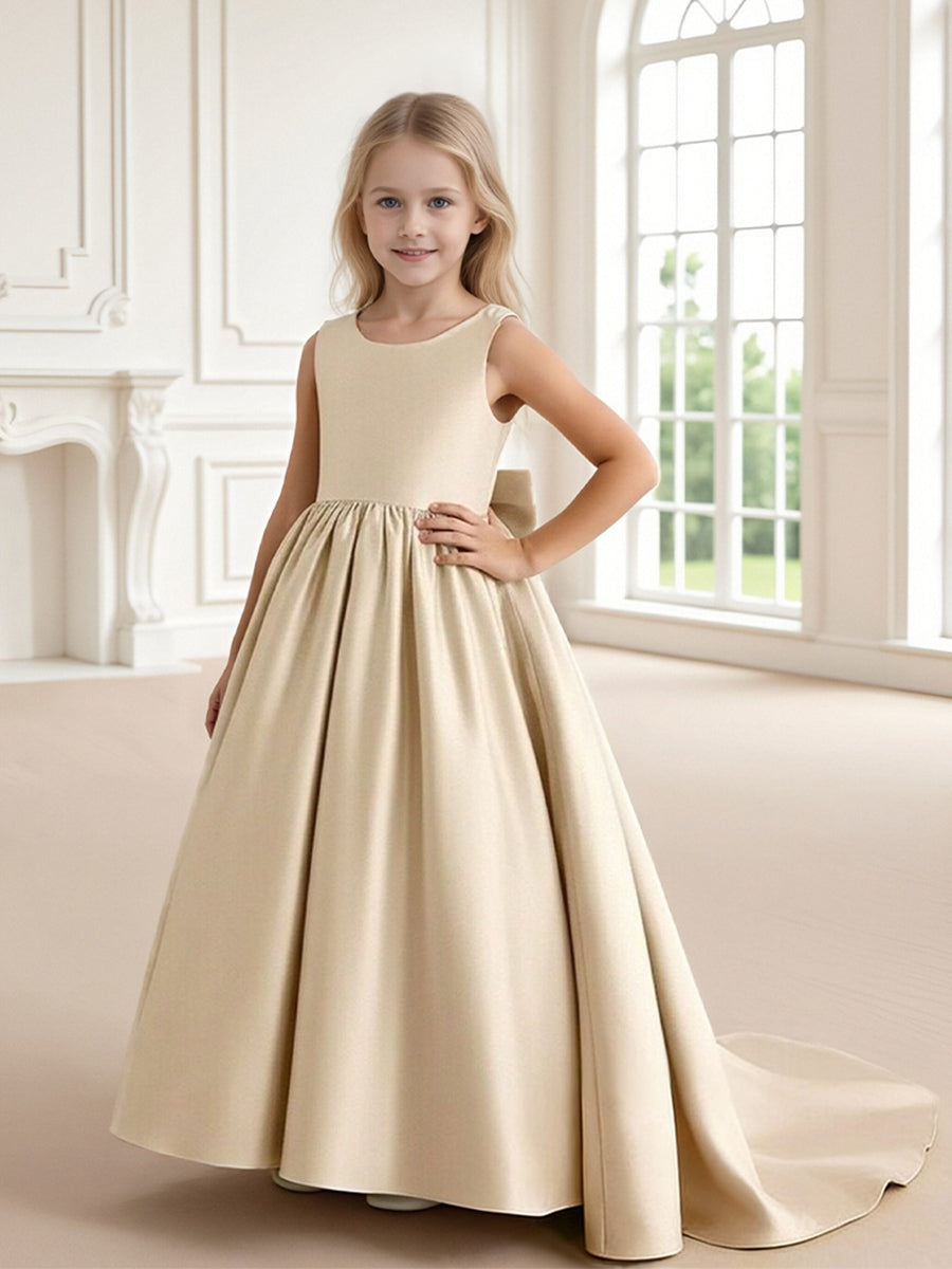 Sleeveless Satin Flower Girl Dress with Large Back Bow and Train for Weddings Formal Events and Special Occasions