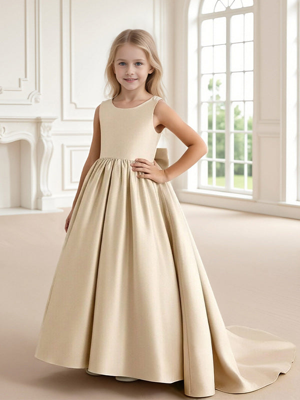 Sleeveless Satin Flower Girl Dress with Large Back Bow and Train for Weddings Formal Events and Special Occasions