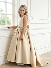 Sleeveless Satin Flower Girl Dress with Large Back Bow and Train for Weddings Formal Events and Special Occasions