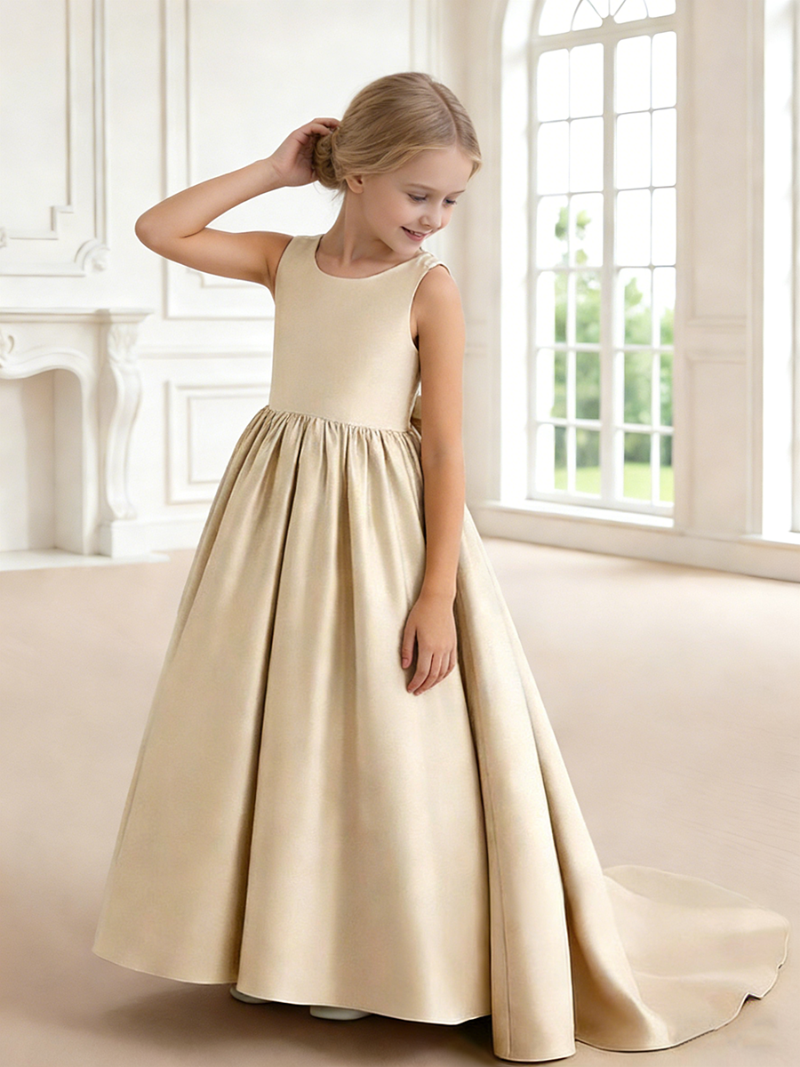 Sleeveless Satin Flower Girl Dress with Large Back Bow and Train for Weddings Formal Events and Special Occasions