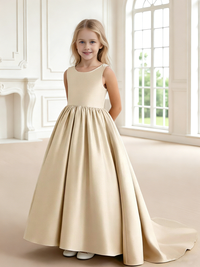 Sleeveless Satin Flower Girl Dress with Large Back Bow and Train for Weddings Formal Events and Special Occasions