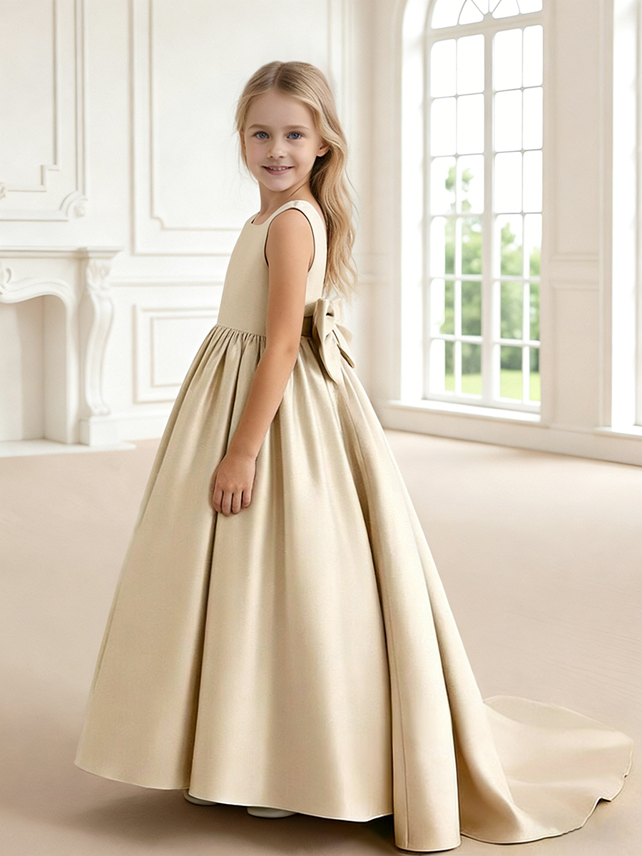 Sleeveless Satin Flower Girl Dress with Large Back Bow and Train for Weddings Formal Events and Special Occasions