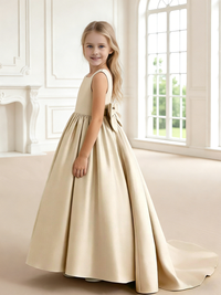 Sleeveless Satin Flower Girl Dress with Large Back Bow and Train for Weddings Formal Events and Special Occasions