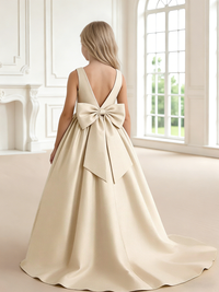 Sleeveless Satin Flower Girl Dress with Large Back Bow and Train for Weddings Formal Events and Special Occasions