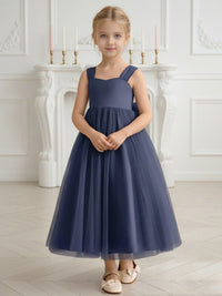 Square Neck Flower Girl Dress with Tulle Skirt and Large Back Bow for Weddings and Formal Events