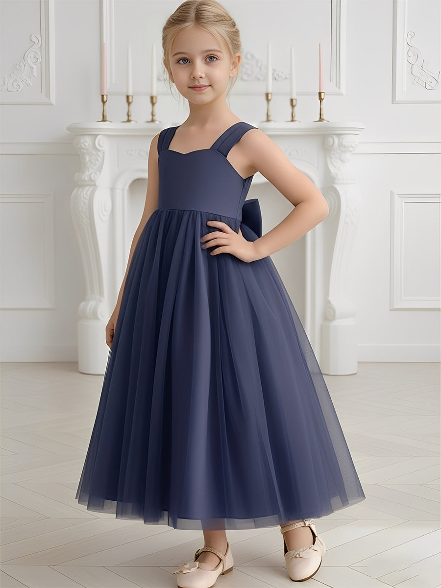 Square Neck Flower Girl Dress with Tulle Skirt and Large Back Bow for Weddings and Formal Events