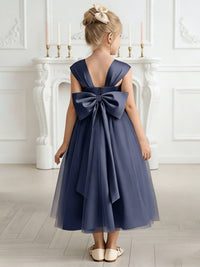 Square Neck Flower Girl Dress with Tulle Skirt and Large Back Bow for Weddings and Formal Events