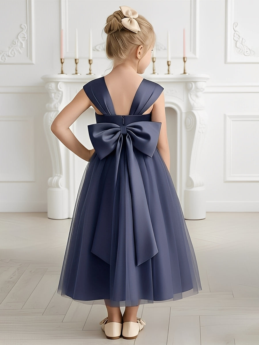 Square Neck Flower Girl Dress with Tulle Skirt and Large Back Bow for Weddings and Formal Events