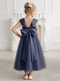 Square Neck Flower Girl Dress with Tulle Skirt and Large Back Bow for Weddings and Formal Events