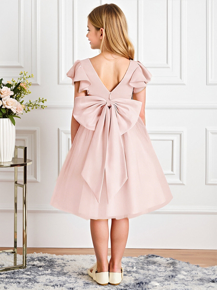 Ruffled Short Sleeve Flower Girl Dress with Square Neck Large Back Bow and Tulle Skirt for Weddings and Special Occasions