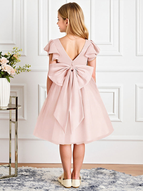 Ruffled Short Sleeve Flower Girl Dress with Square Neck Large Back Bow and Tulle Skirt for Weddings and Special Occasions