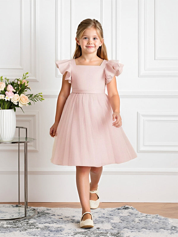 Ruffled Short Sleeve Flower Girl Dress with Square Neck Large Back Bow and Tulle Skirt for Weddings and Special Occasions