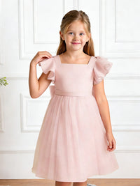 Ruffled Short Sleeve Flower Girl Dress with Square Neck Large Back Bow and Tulle Skirt for Weddings and Special Occasions