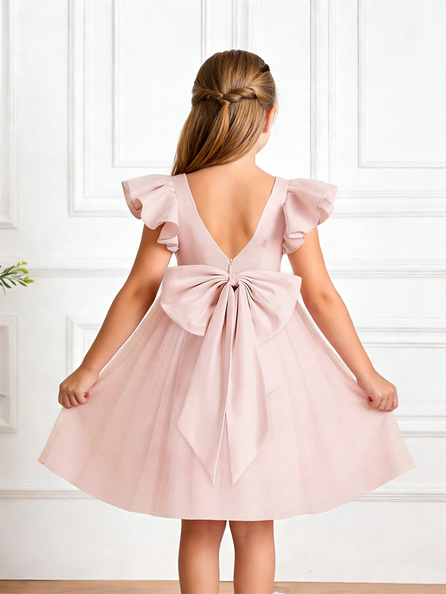 Ruffled Short Sleeve Flower Girl Dress with Square Neck Large Back Bow and Tulle Skirt for Weddings and Special Occasions