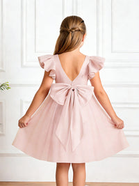 Ruffled Short Sleeve Flower Girl Dress with Square Neck Large Back Bow and Tulle Skirt for Weddings and Special Occasions