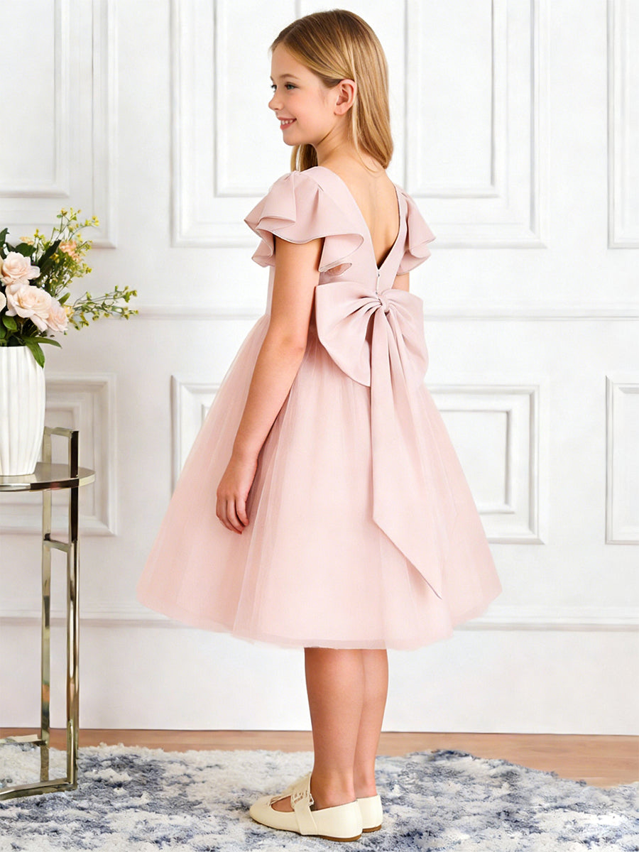 Ruffled Short Sleeve Flower Girl Dress with Square Neck Large Back Bow and Tulle Skirt for Weddings and Special Occasions