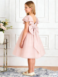 Ruffled Short Sleeve Flower Girl Dress with Square Neck Large Back Bow and Tulle Skirt for Weddings and Special Occasions