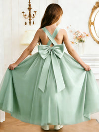 Sleeveless Cross Back Flower Girl Dress with Large Back Bow and Flowy Tulle Skirt for Weddings and Special Formal Occasions