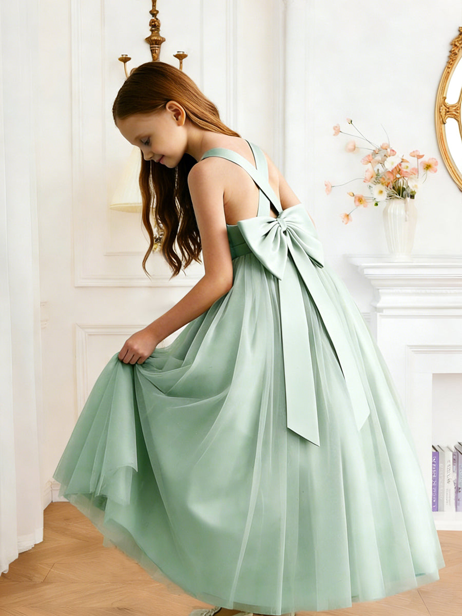 Sleeveless Cross Back Flower Girl Dress with Large Back Bow and Flowy Tulle Skirt for Weddings and Special Formal Occasions