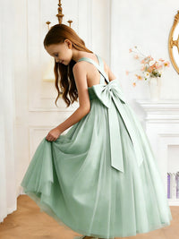 Sleeveless Cross Back Flower Girl Dress with Large Back Bow and Flowy Tulle Skirt for Weddings and Special Formal Occasions