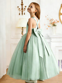 Sleeveless Cross Back Flower Girl Dress with Large Back Bow and Flowy Tulle Skirt for Weddings and Special Formal Occasions
