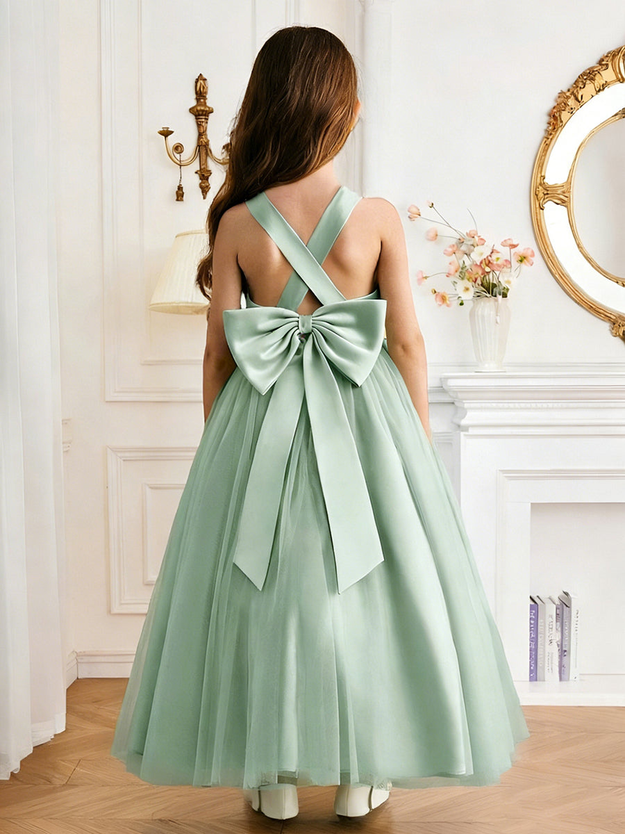 Sleeveless Cross Back Flower Girl Dress with Large Back Bow and Flowy Tulle Skirt for Weddings and Special Formal Occasions