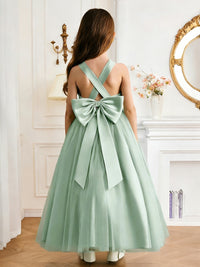 Sleeveless Cross Back Flower Girl Dress with Large Back Bow and Flowy Tulle Skirt for Weddings and Special Formal Occasions