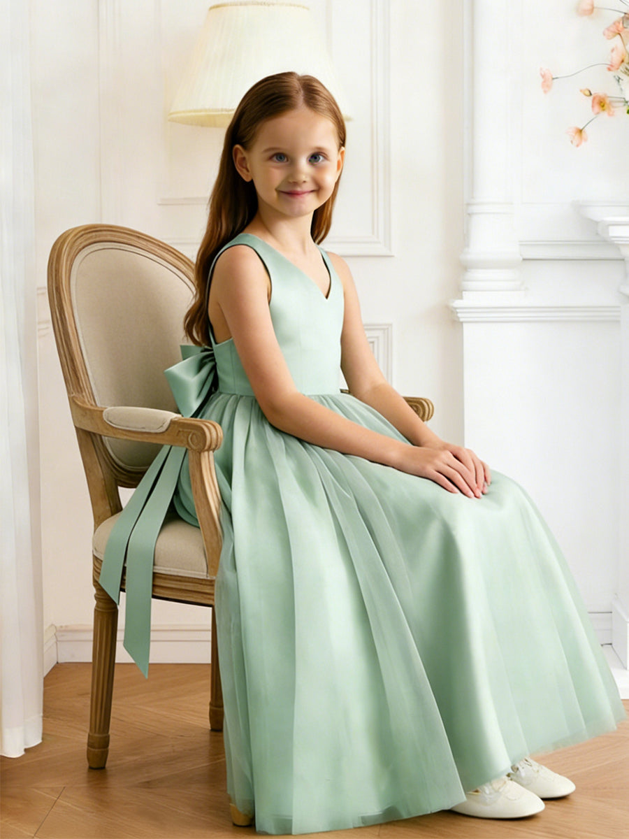 Sleeveless Cross Back Flower Girl Dress with Large Back Bow and Flowy Tulle Skirt for Weddings and Special Formal Occasions