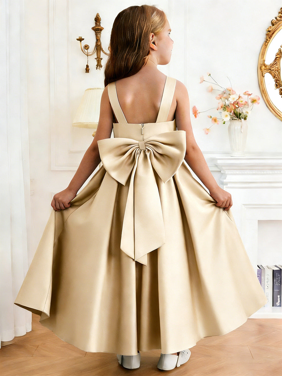 Sleeveless Satin Flower Girl Dress with Square Neck Large Back Bow and Flared Skirt for Weddings and Formal Occasions