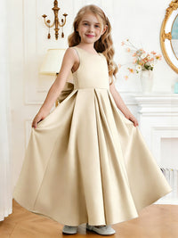 Sleeveless Satin Flower Girl Dress with Square Neck Large Back Bow and Flared Skirt for Weddings and Formal Occasions