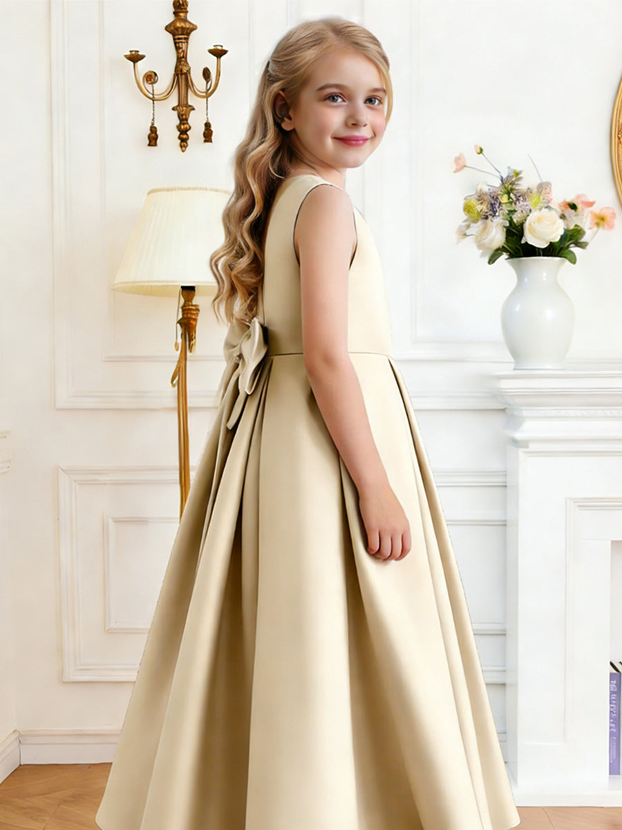 Sleeveless Satin Flower Girl Dress with Square Neck Large Back Bow and Flared Skirt for Weddings and Formal Occasions