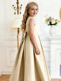 Sleeveless Satin Flower Girl Dress with Square Neck Large Back Bow and Flared Skirt for Weddings and Formal Occasions