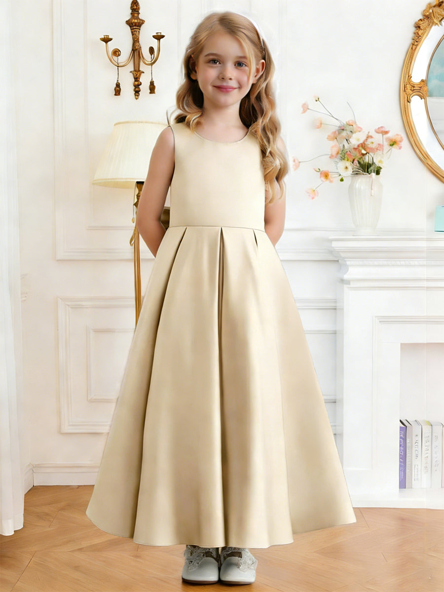 Sleeveless Satin Flower Girl Dress with Square Neck Large Back Bow and Flared Skirt for Weddings and Formal Occasions