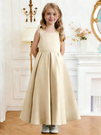 Sleeveless Satin Flower Girl Dress with Square Neck Large Back Bow and Flared Skirt for Weddings and Formal Occasions