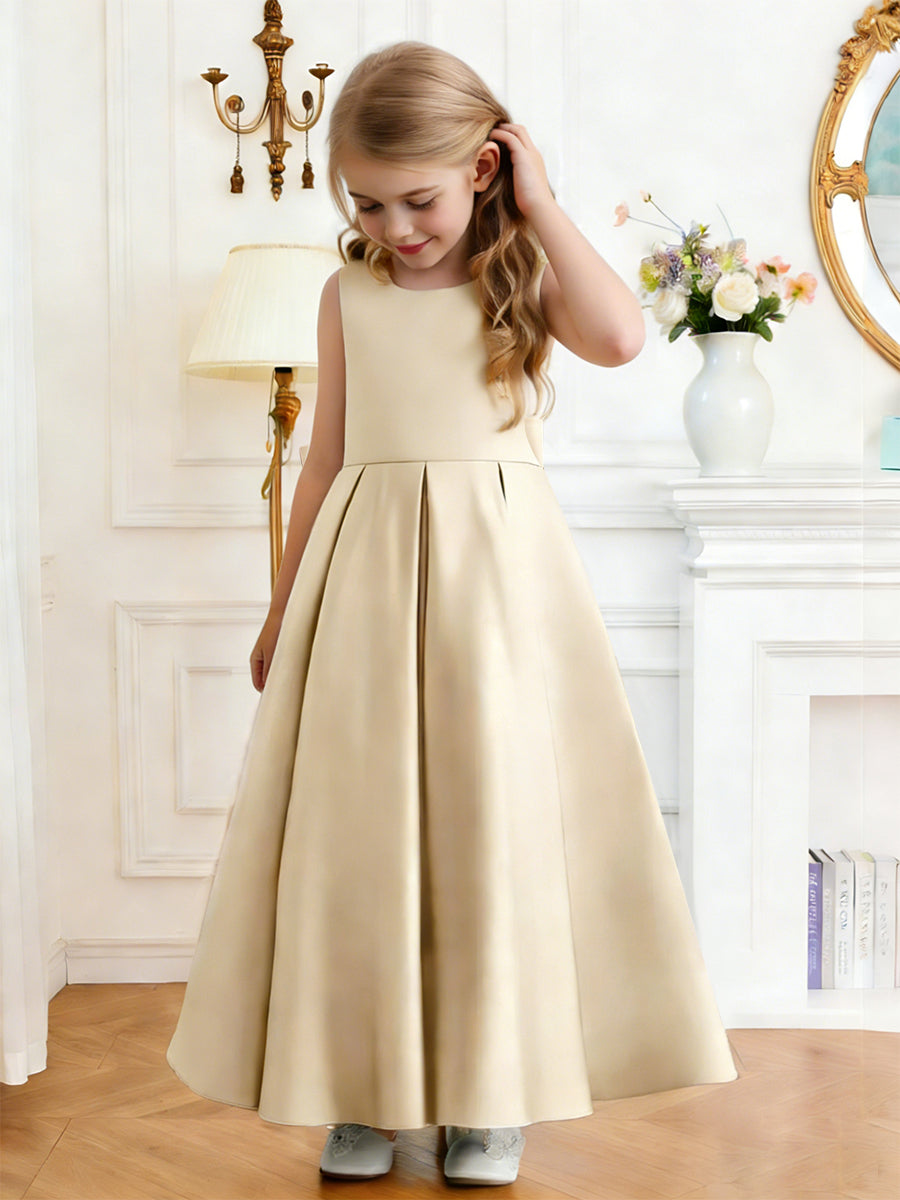 Sleeveless Satin Flower Girl Dress with Square Neck Large Back Bow and Flared Skirt for Weddings and Formal Occasions