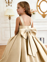 Sleeveless Satin Flower Girl Dress with Square Neck Large Back Bow and Flared Skirt for Weddings and Formal Occasions