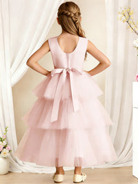 Sleeveless Round Neck Flower Girl Dress with Multi-Layer Tulle Skirt and Back Bow for Weddings and Special Occasions