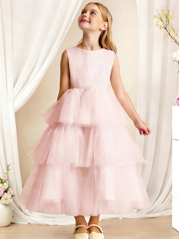 Sleeveless Round Neck Flower Girl Dress with Multi-Layer Tulle Skirt and Back Bow for Weddings and Special Occasions