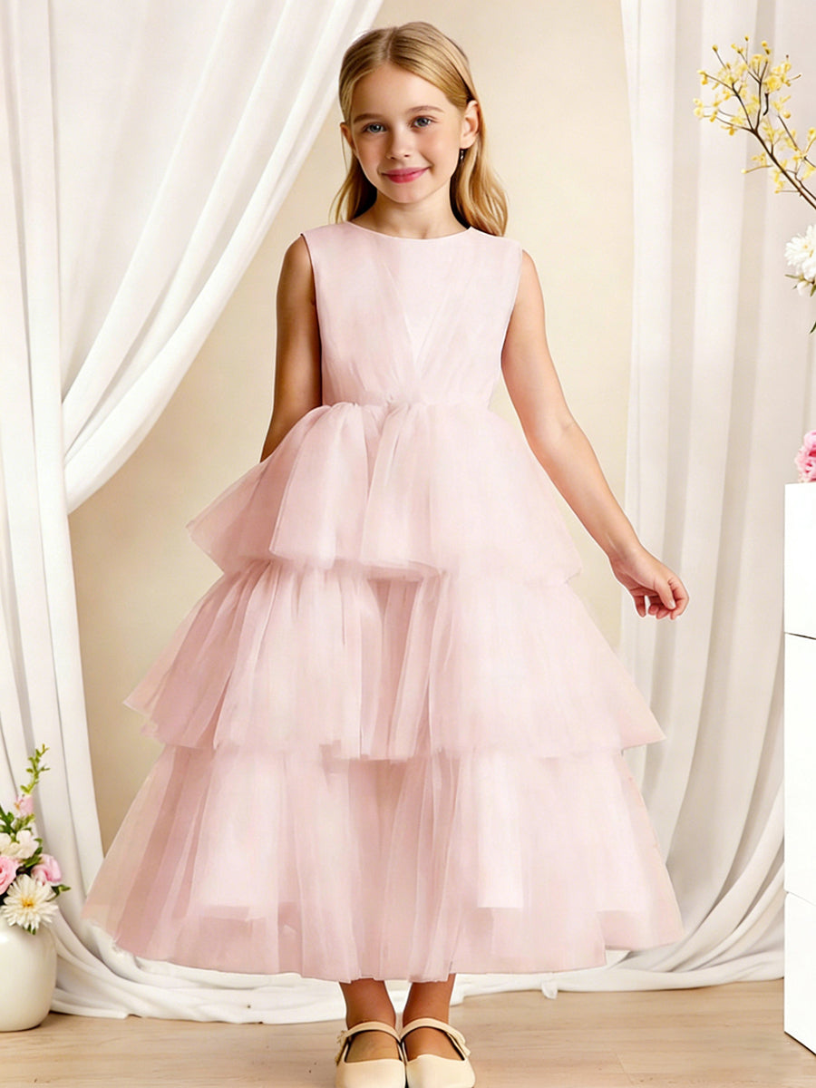 Sleeveless Round Neck Flower Girl Dress with Multi-Layer Tulle Skirt and Back Bow for Weddings and Special Occasions