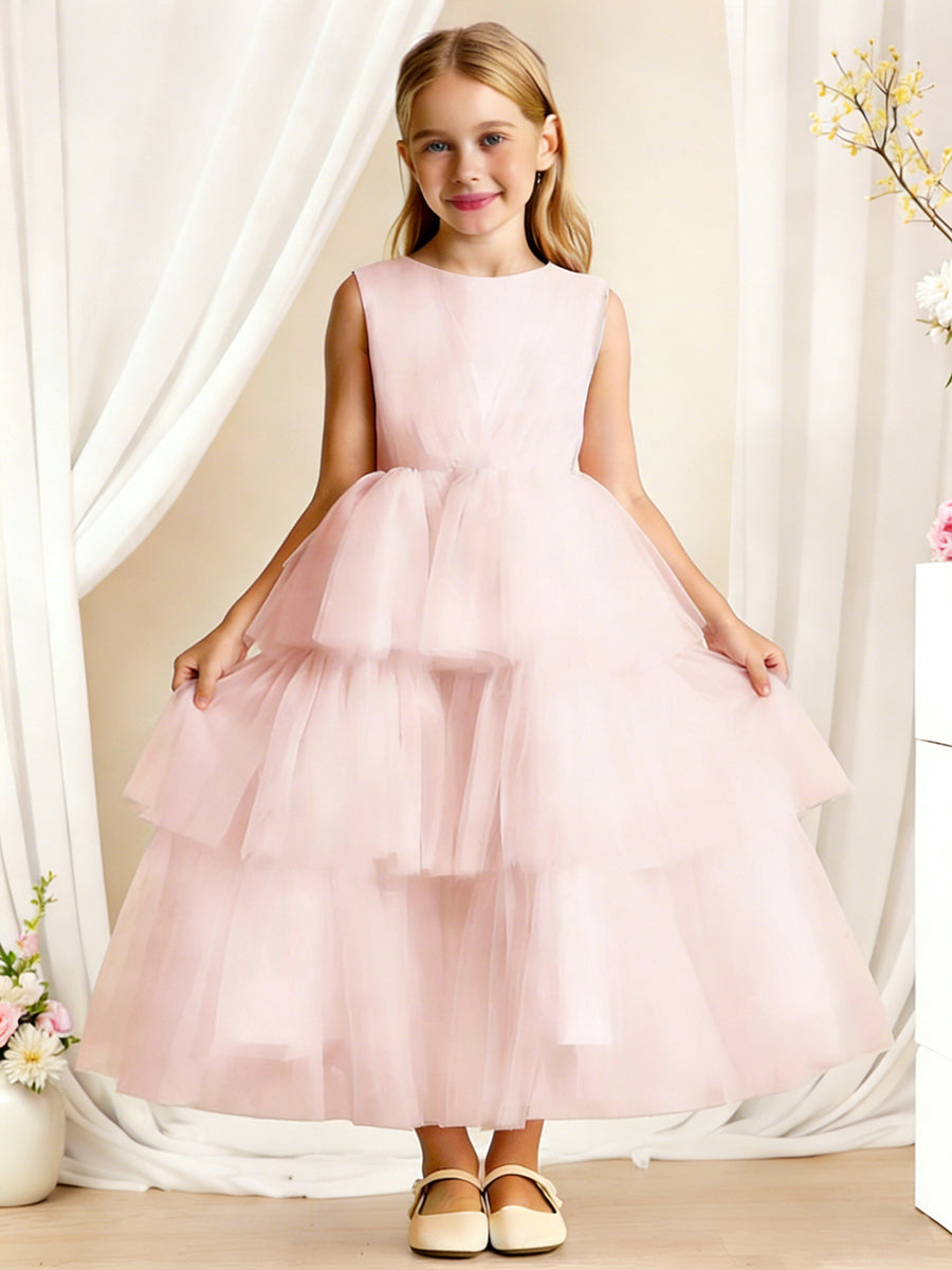 Sleeveless Round Neck Flower Girl Dress with Multi-Layer Tulle Skirt and Back Bow for Weddings and Special Occasions