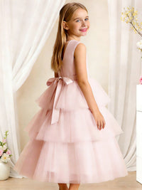 Sleeveless Round Neck Flower Girl Dress with Multi-Layer Tulle Skirt and Back Bow for Weddings and Special Occasions