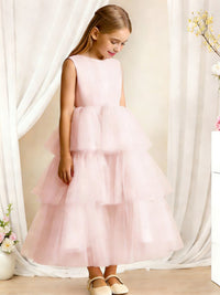 Sleeveless Round Neck Flower Girl Dress with Multi-Layer Tulle Skirt and Back Bow for Weddings and Special Occasions