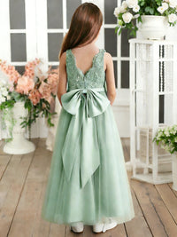 Sleeveless V-Neck Flower Girl Dress with Lace Bodice Tulle Skirt and Large Back Bow for Weddings and Formal Occasions