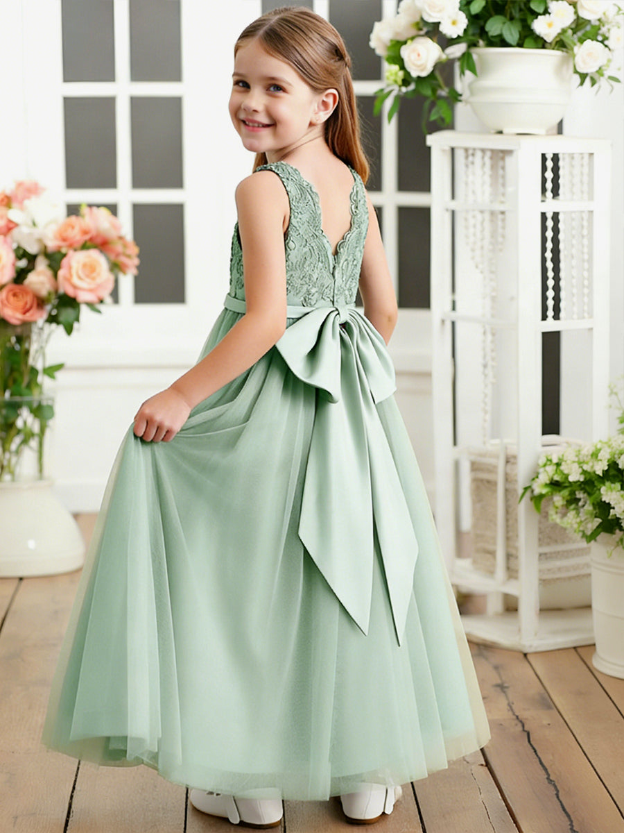 Sleeveless V-Neck Flower Girl Dress with Lace Bodice Tulle Skirt and Large Back Bow for Weddings and Formal Occasions