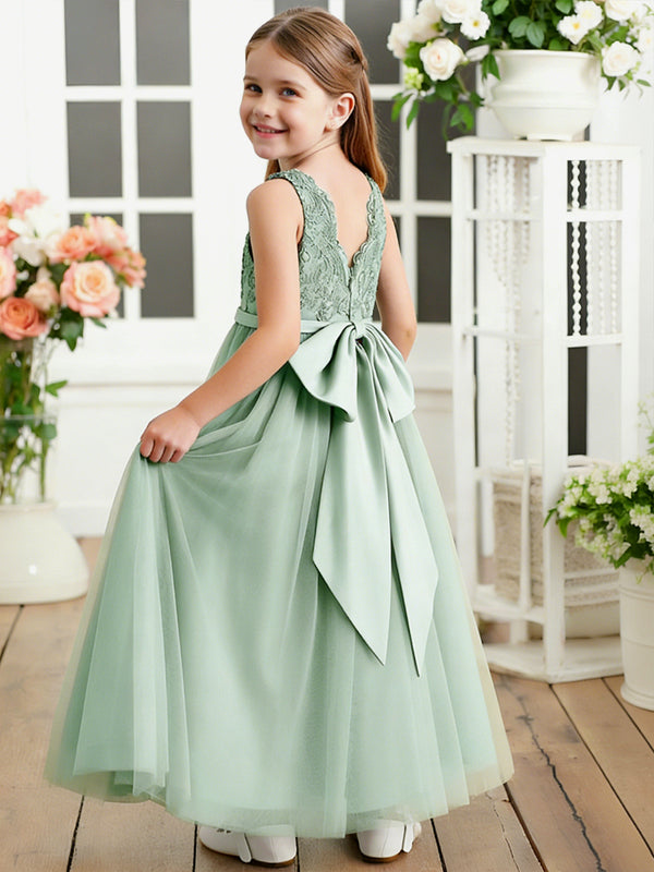 Sleeveless V-Neck Flower Girl Dress with Lace Bodice Tulle Skirt and Large Back Bow for Weddings and Formal Occasions