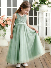 Sleeveless V-Neck Flower Girl Dress with Lace Bodice Tulle Skirt and Large Back Bow for Weddings and Formal Occasions